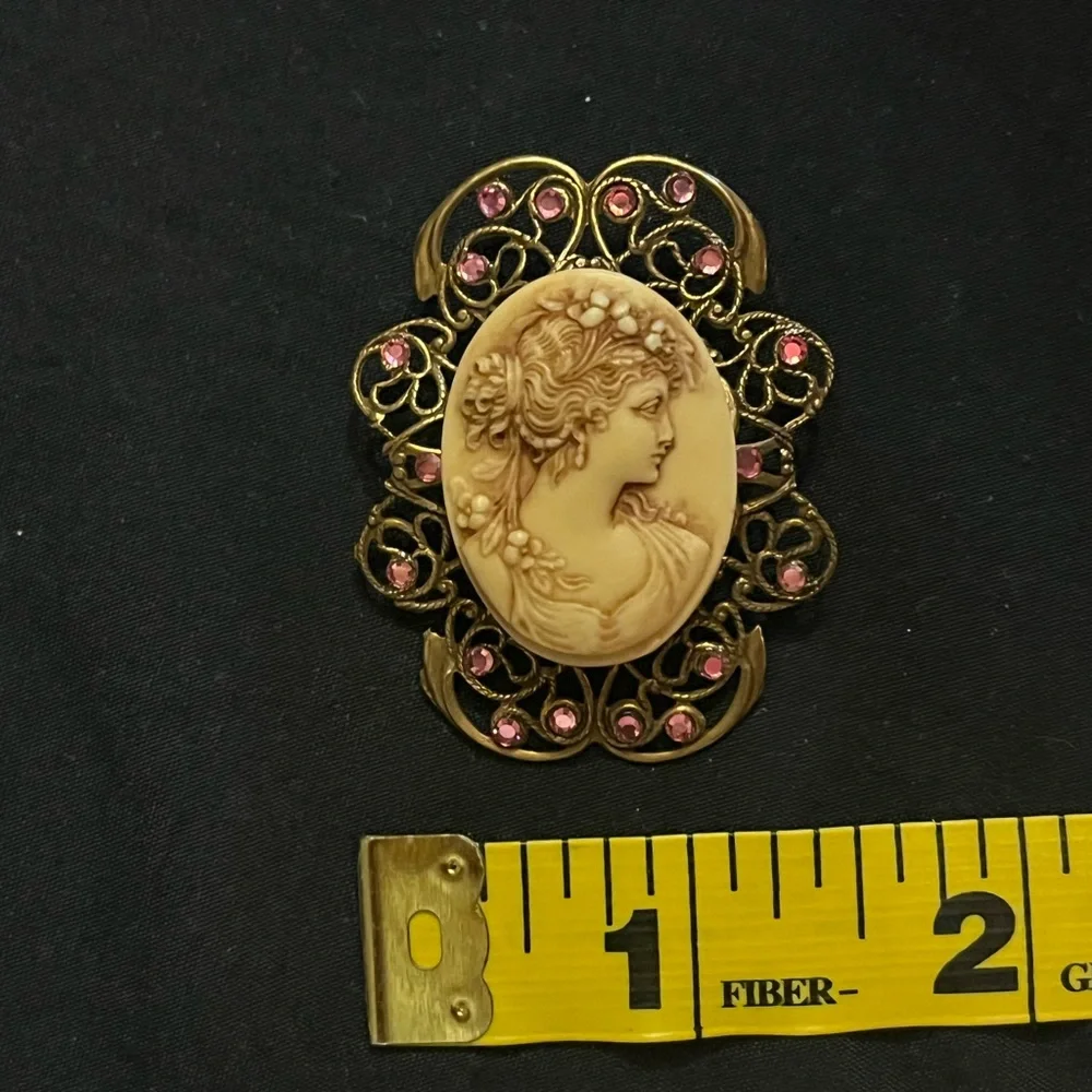 Vintage Cameo Brooch with Pink Rhinestones Hidden Heart